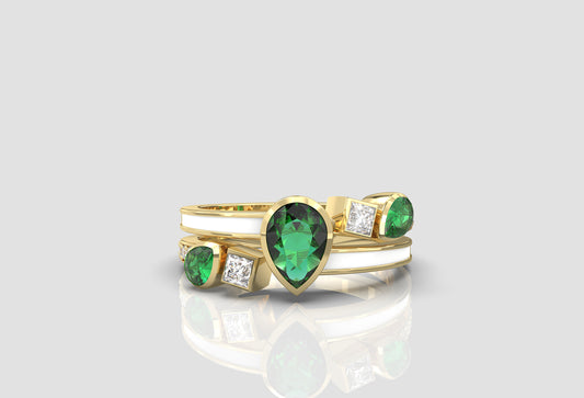 Round Diamond Ring with Pear Emerald  and Princess Diamond