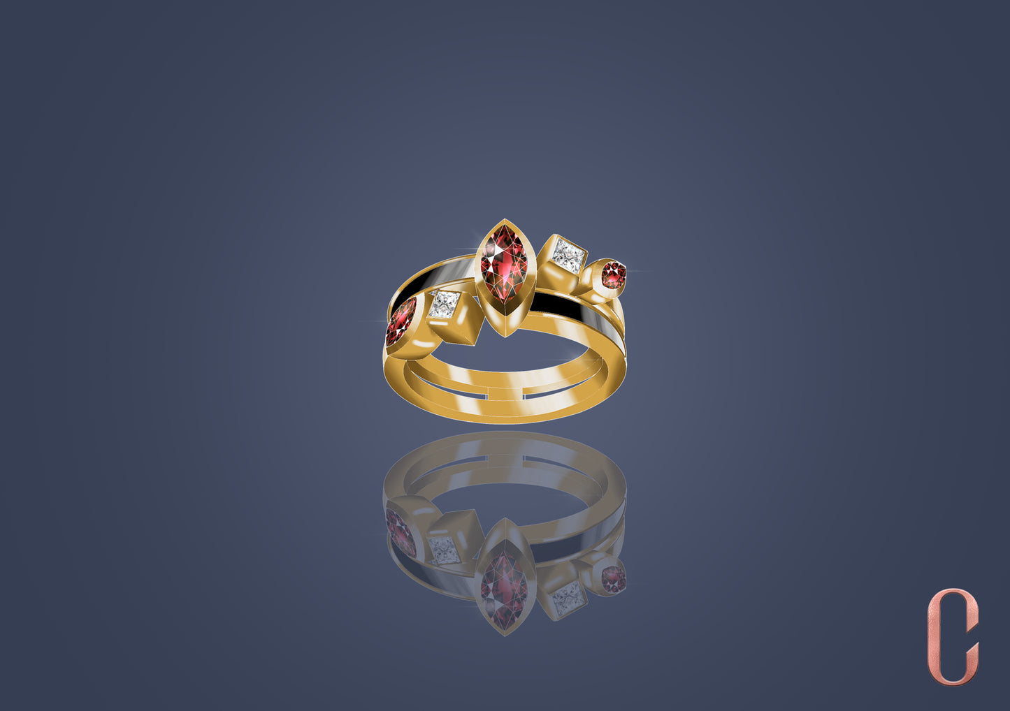 Round Diamond Ring with Marquise Ruby and Princess Diamond