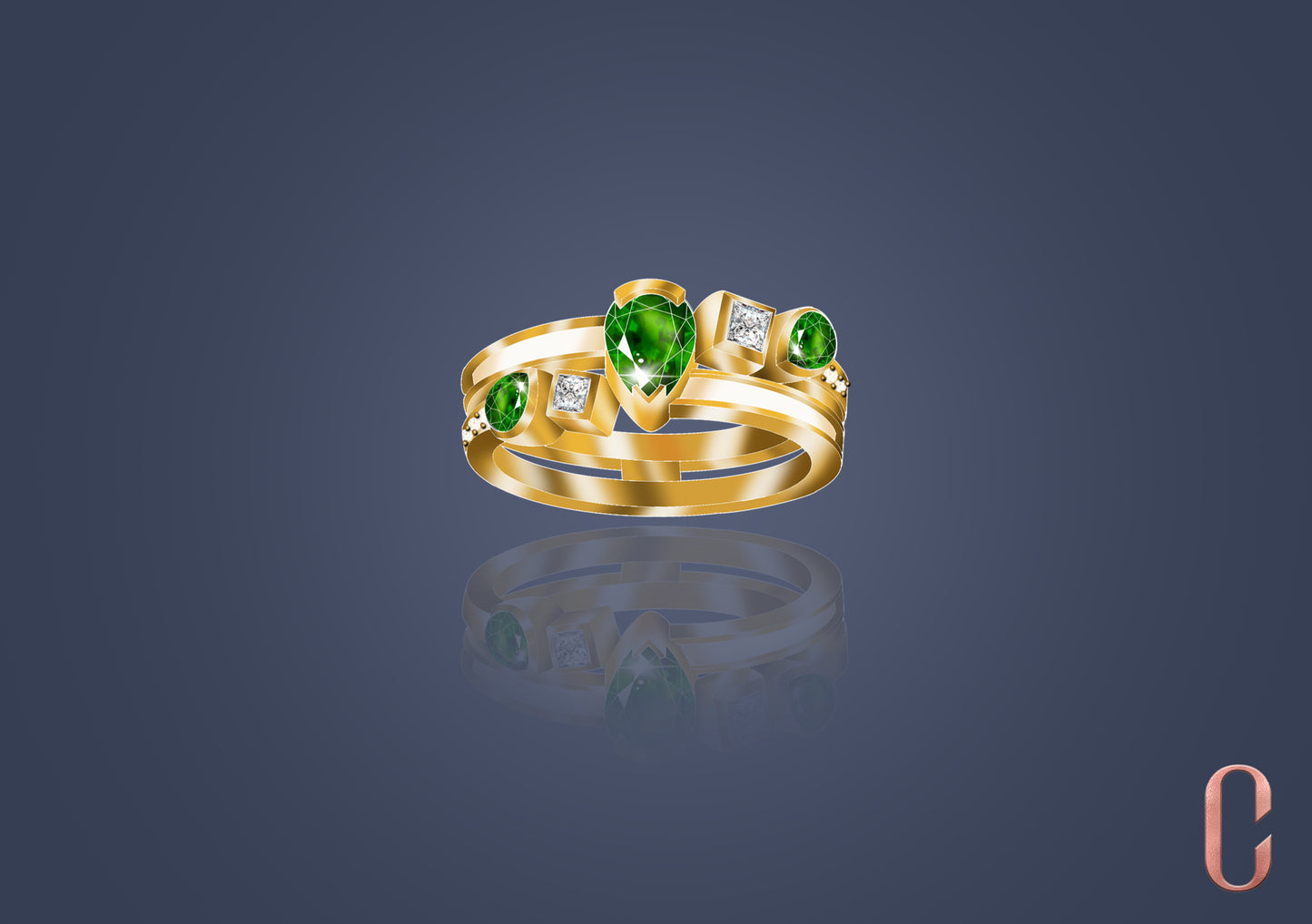Round Diamond Ring with Pear Emerald  and Princess Diamond