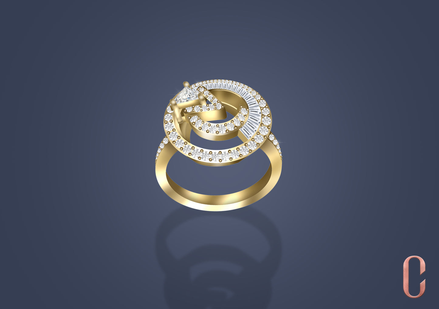 Round diamond Trillion Ring with Baguette