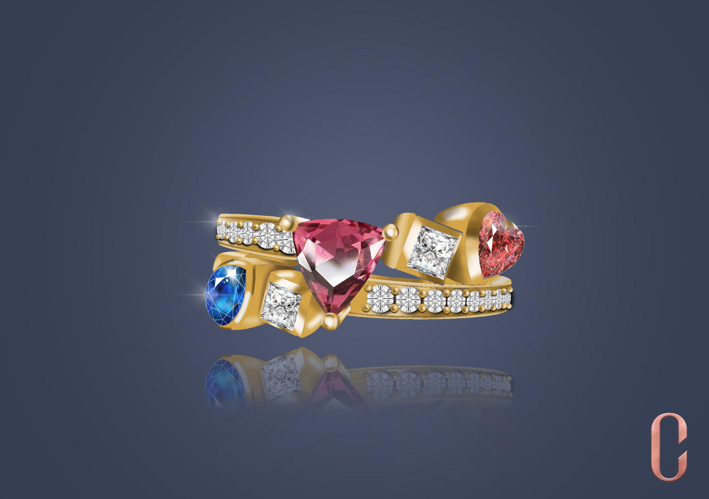 Round diamond Ring with Pink Saphire emerald and princess diamond