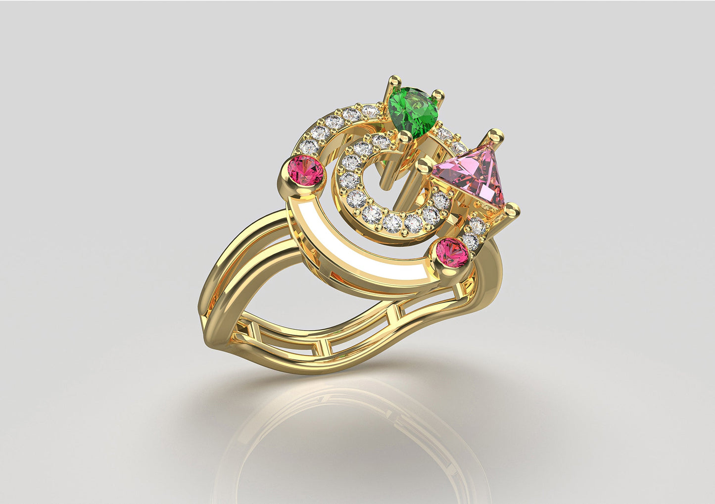 Round Diamond Ring with Trillion, Pear and Enamel