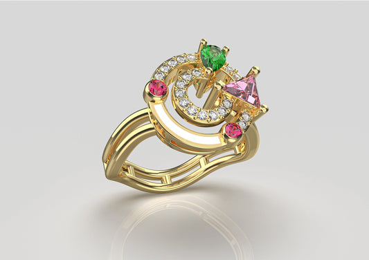 Round Diamond Ring with Trillion, Pear and Enamel