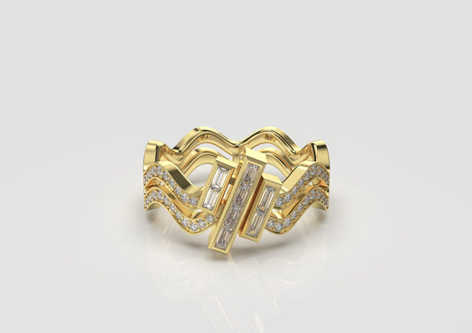 Round Diamond Wavy Ring with Baguette